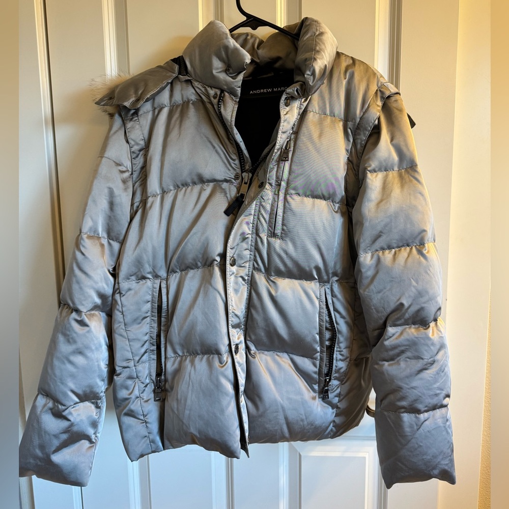 Men’s Andrew Marc Metallic Gray Puffer Jacket/Vest with Removable Hood/Sleeves.